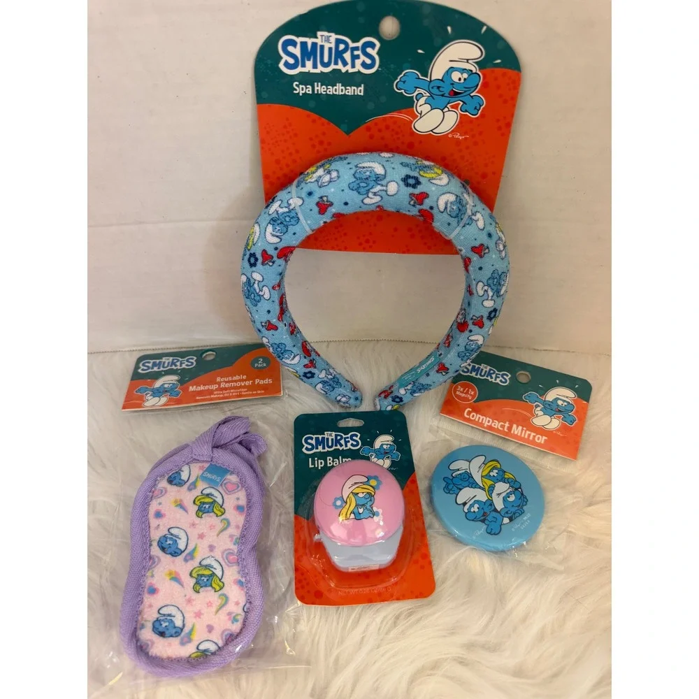 The Smurfs Spa Gift Set Headband Makeup Remover Pads Compact Mirror Lip Balm NEW